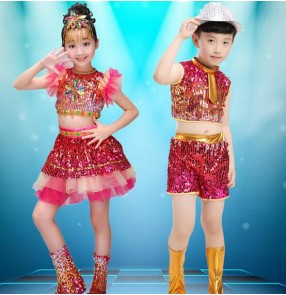 Rainbow colored sequins boys girls kids children paillette performance jazz dance modern hip hop dance school play outfits costumes